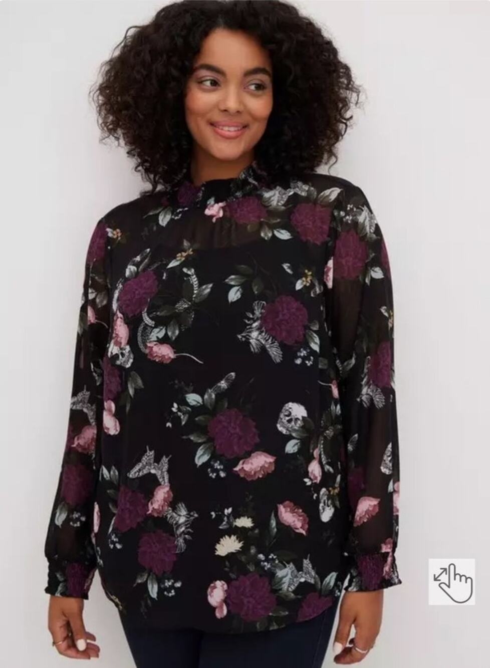 Torrid Chiffon Smocked Neck Blouse Black Skulls Roses Butterflies Dark Floral